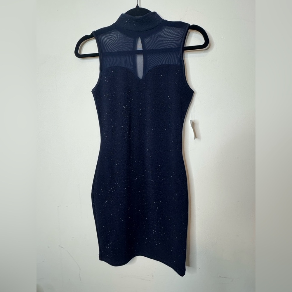 Vintage Y2K Charlotte Russe XS Navy blue Sparkle Mini Dress Sheer top high neck